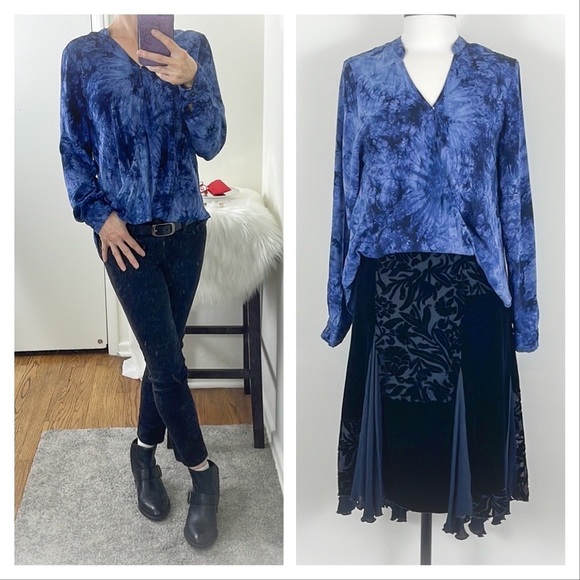 💕Beautiful Blue Tie Die High Low Faux Wrap Blouse💕 - Picture 1 of 16